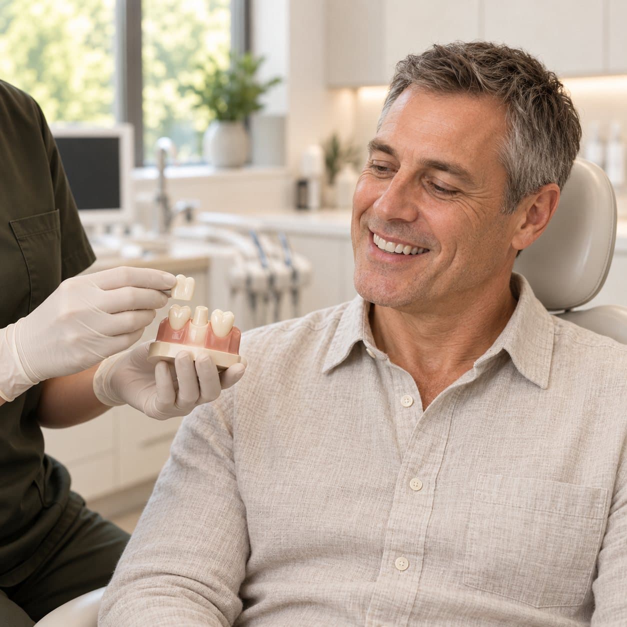 A dentist showing a patient a dental bridge model during a consultation