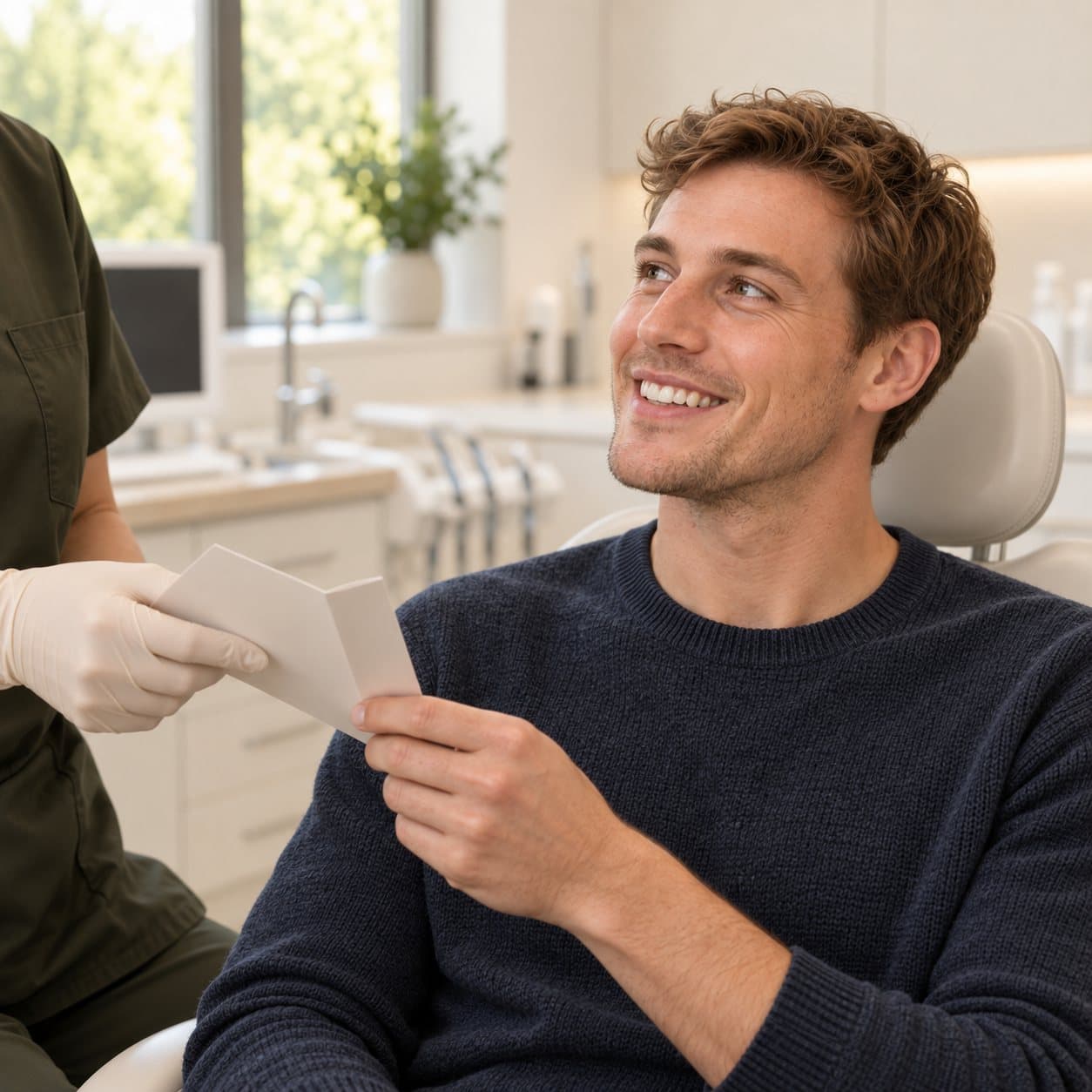 A dental clinician going through aftercare information with a patient