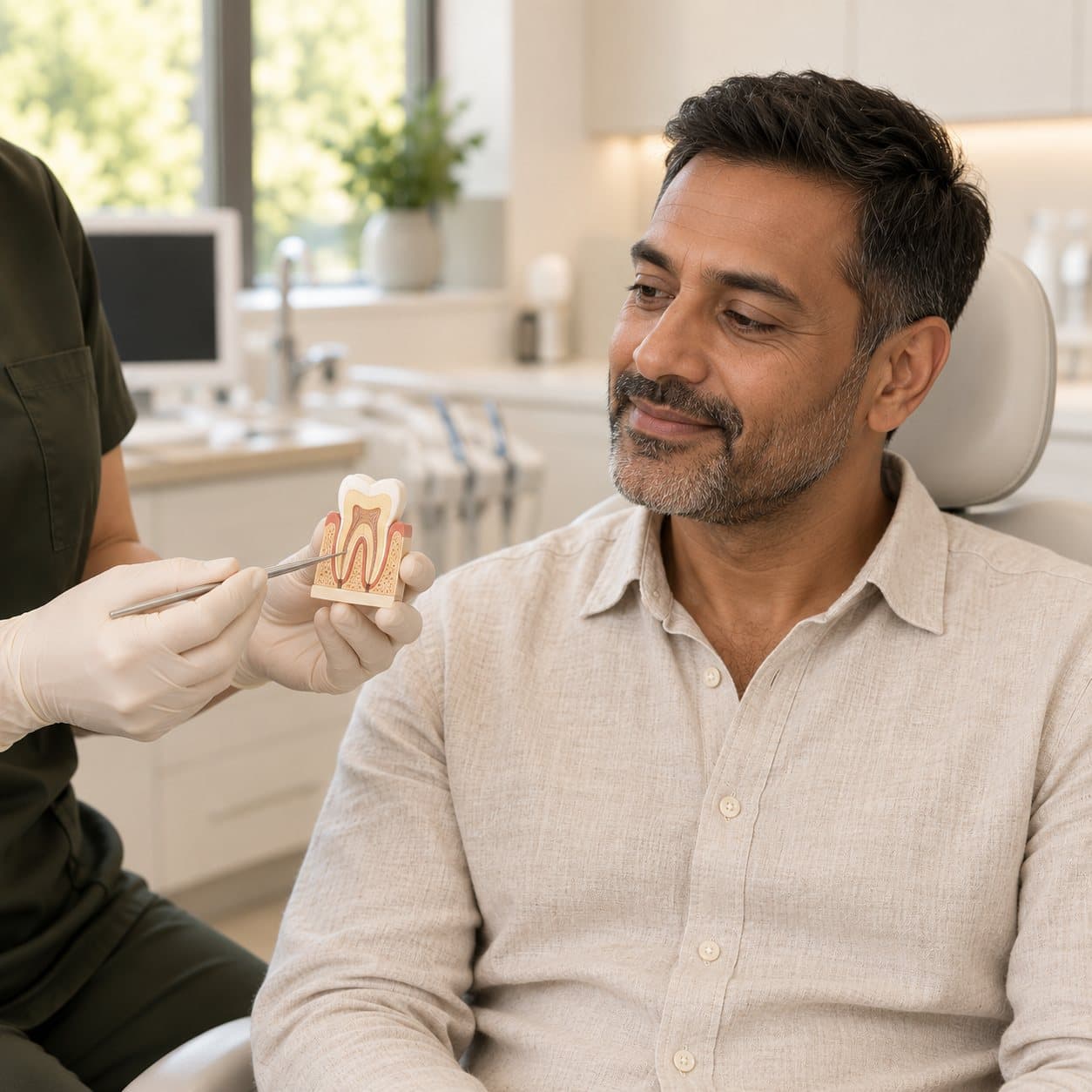 A dentist showing a patient a dental implant model during a consultation