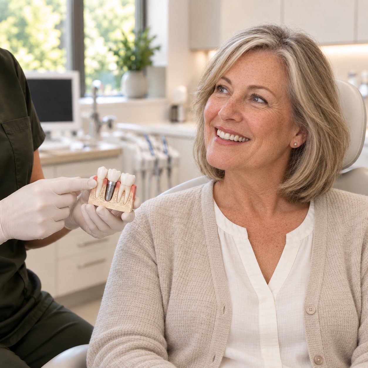 A dentist showing a patient a dental model during a consultation
