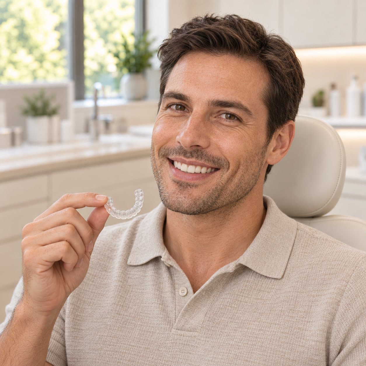 A patient holding a clear aligner