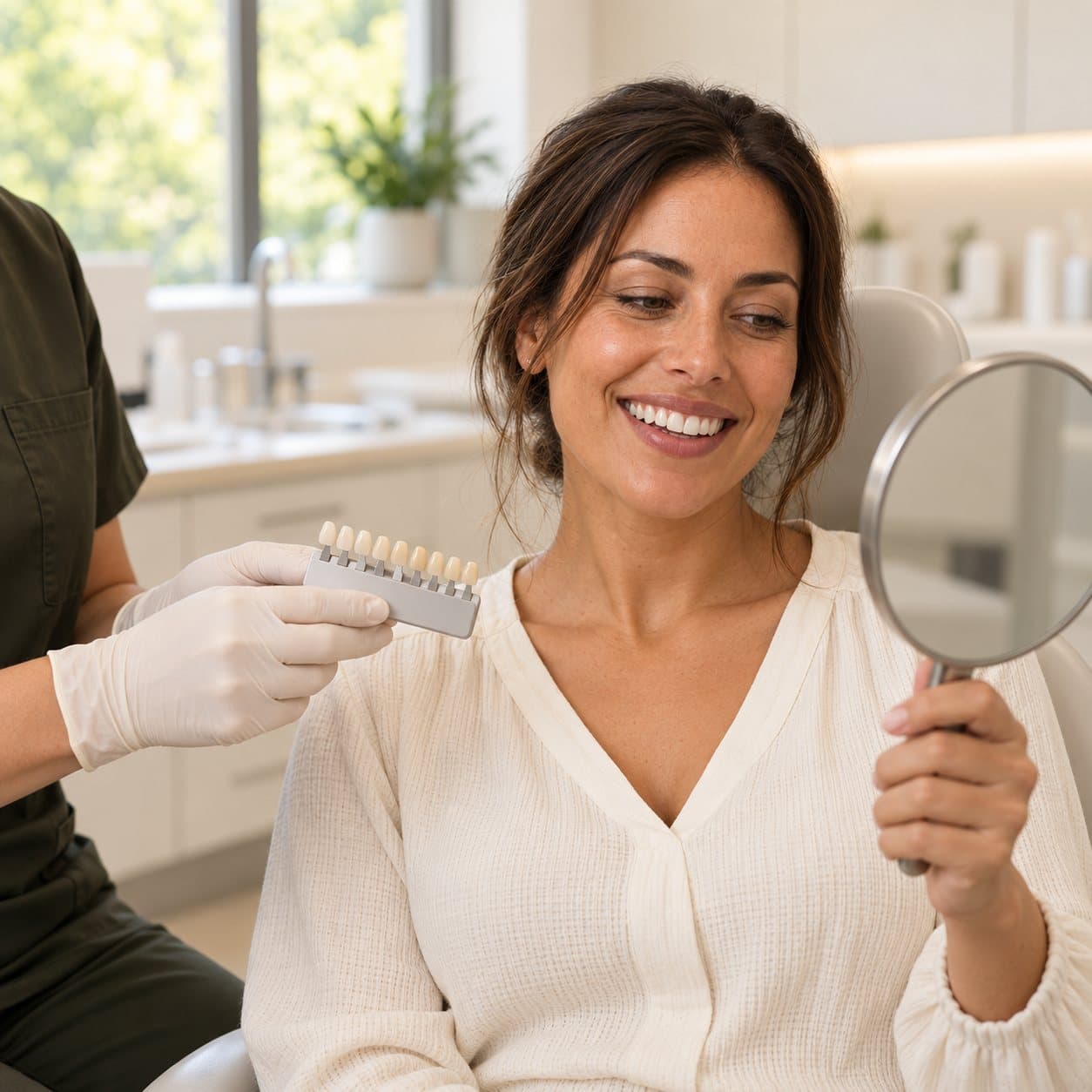 A tooth-shade guide held up beside a patient holding a hand mirror